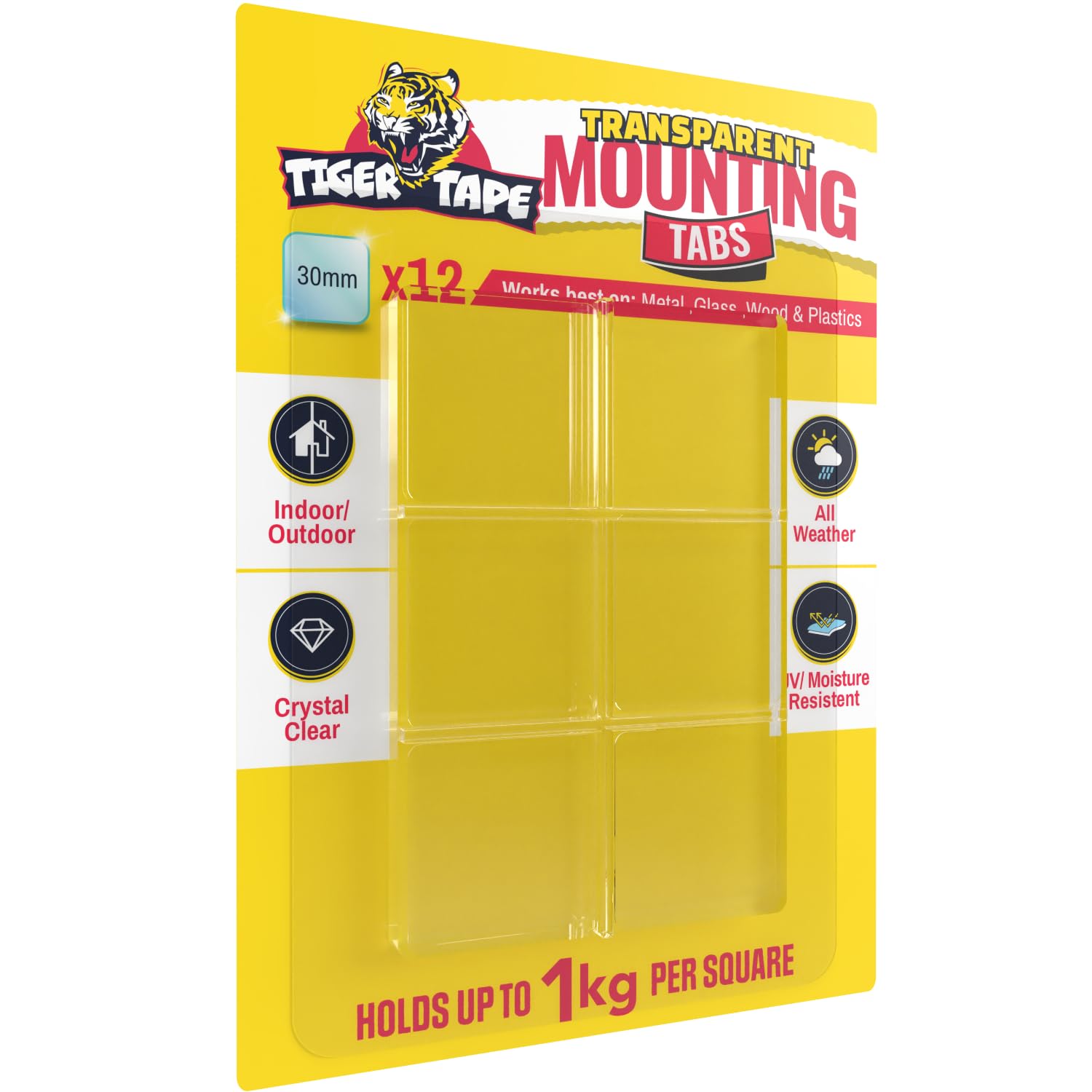 Tiger Tape Double Sided Mounting Tabs | Easy Mounting Pre Cut Squares for DIY and professionals | Clear, Strong, Airtight and Waterproof (Pack of 12) 30mm squared