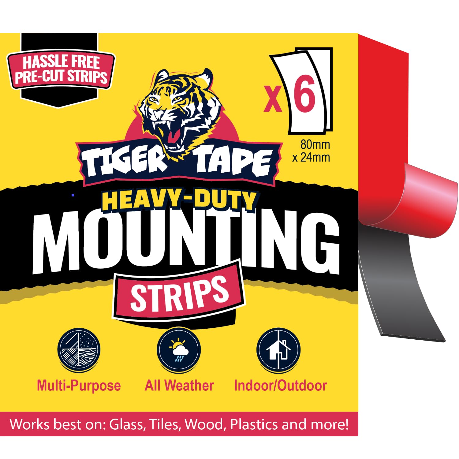Tiger Tape Mounting Strips. Seriously Strong Pre-Cut Strips with Claw Grip Technology. Permanent Hold. Grey with Red Linder. 6 Strips (80mm x 24mm)